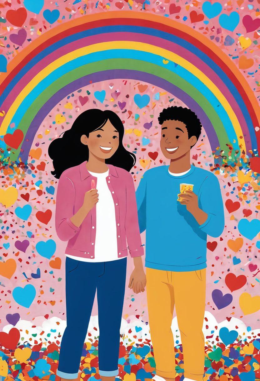 A whimsical cartoon scene depicting diverse couples engaging in light-hearted and humorous activities related to love and lifestyle choices, surrounded by playful hearts, laughter, and colorful confetti. The background features playful illustrations of symbols associated with positivity and acceptance, such as rainbows and smiley faces. The overall tone should be vibrant, funny, and inclusive. cartoon style. bright colors. playful atmosphere.