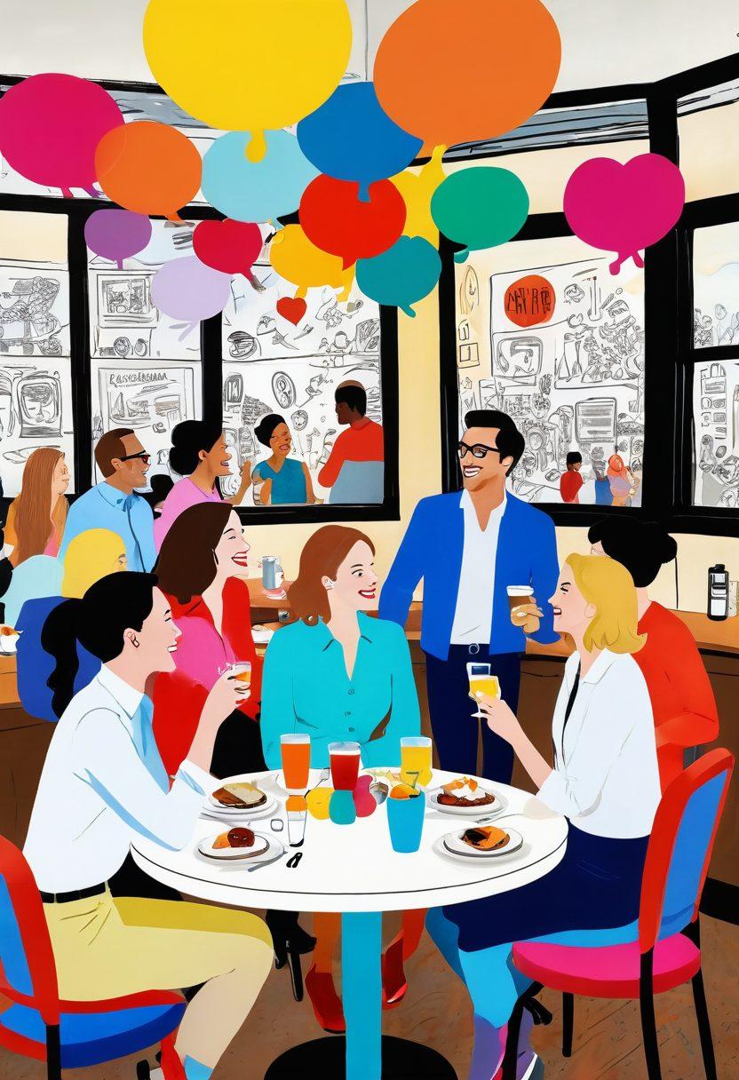 A whimsical scene depicting a diverse group of adults engaged in light-hearted conversation at a lively café, laughter and playful gestures capturing the essence of comedic insights. Brightly colored speech bubbles with humorous quotes float around them, blending with iconic symbols of casual encounters like cocktails, dance shoes, and hearts. The café ambiance is warm and inviting, with artistic decorations and a hint of urban charm. Illustrated in a playful cartoon style with vibrant colors.