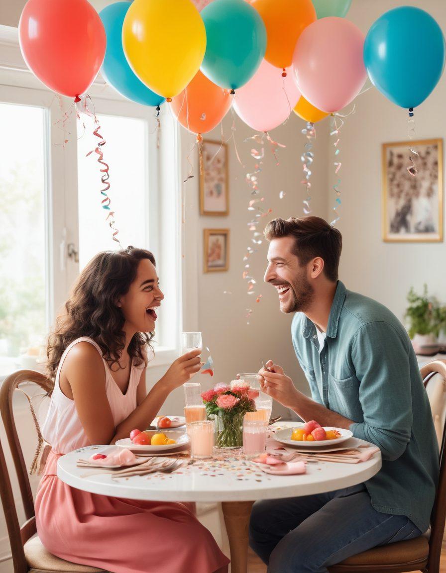 A whimsical scene depicting a couple sharing a hearty laugh over a dinner table, surrounded by humorous relationship memes and playful heart motifs. The atmosphere is lively with balloons, confetti, and soft pastel colors that evoke joy and intimacy. In the background, a comic strip unfolds illustrating funny moments in adult relationships, adding an element of storytelling. cartoonish style. vibrant colors. cheerful. cozy setting.